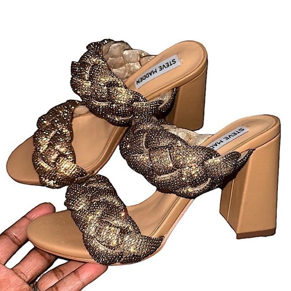 Steve Madden Women Nider Kenley Bronze Rhinestone Braided Block Heel Sandals NEW - Picture 1 of 10